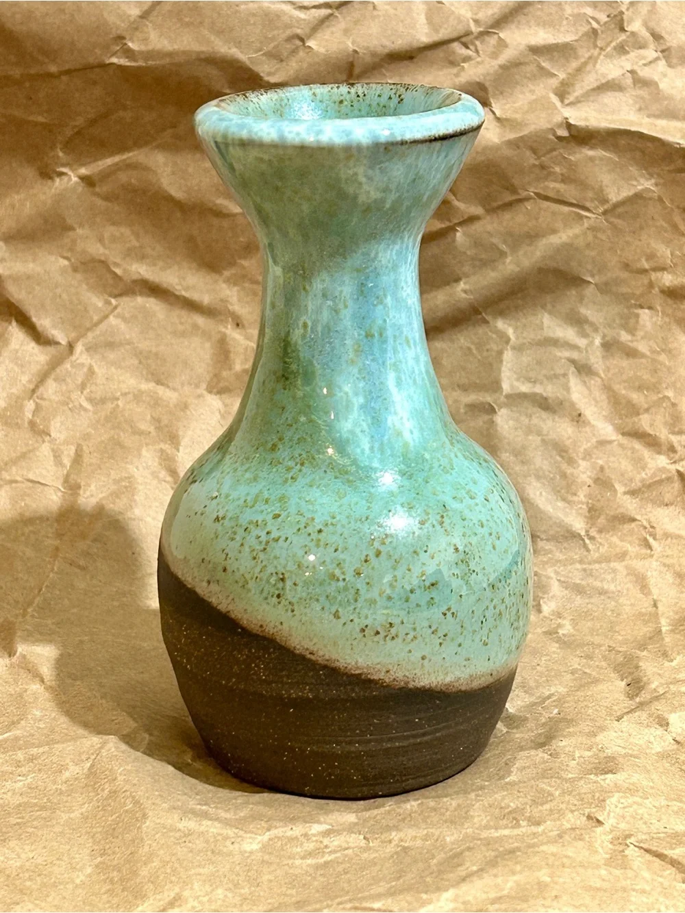 Signed Studio Art Pottery Bud Vase Turquoise 2Tone Speckled Glaze Stoneware 4.5”